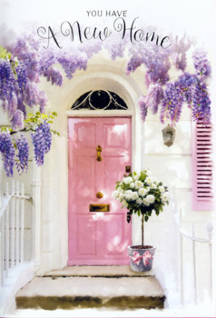This inviting North Woolwich doorway scene captures the delicate excitement of moving into a new home, told entirely through colour, texture, and thoughtfully chosen flowers. A pale pink front door stands proudly at the centre, its paint velvety and calm, like a soft blush against the crisp whitewashed walls that surround it. Above and to the side, wisteria spills in luxuriant lavender strands, each cluster heavy with imagined scent and soft movement, as if stirred by a light river breeze drifting in from the Thames Path. The blossoms drape over the frame and shutter like a velvet curtain, giving the entrance a sense of intimacy, almost as though you're stepping backstage into someone's private world. At the foot of the door rests a stylish metal bucket, gently weathered in a chic grey that grounds the pastel palette. From it, a generous bouquet of white and cream roses rises, their rounded heads densely layered, petals edged in the faintest hint of ivory glow. Wisps of fresh green foliage weave between the blooms, offering contrast and breathing space, while a satin-pink ribbon is tied neatly around the bucket, echoing the hue of the door in a subtle, harmonious gesture. Gentle sunlight falls across the steps, casting soft, painterly shadows that suggest a late afternoon near Pier Road or the quieter residential lanes. The overall mood is one of hopeful anticipation-the kind of floral welcome you might find awaiting you after completion day, a handcrafted housewarming arrangement that instantly turns a freshly painted house into a home filled with warmth, memories-to-be, and the simple joy of a thoughtfully prepared floral gift.